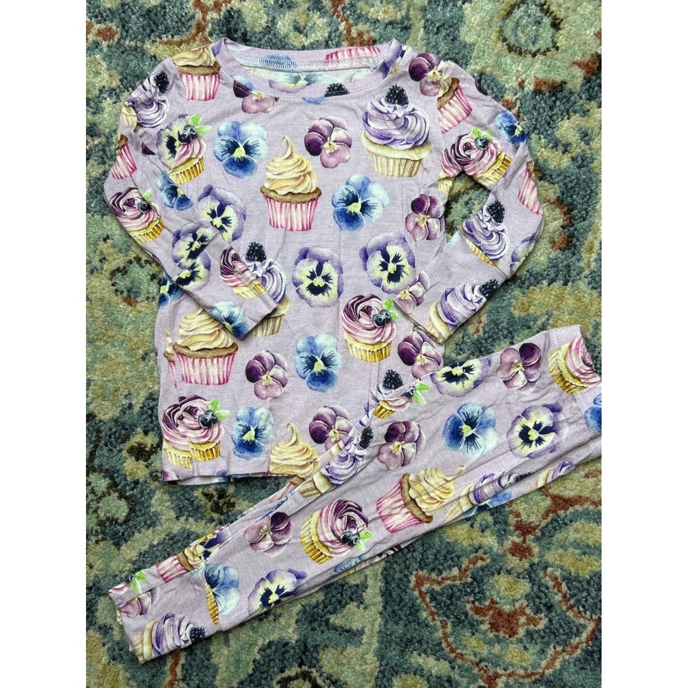 Lev Baby Pajama Set Baby Girl 6-12M Purple Cupcake Floral Bamboo EUC